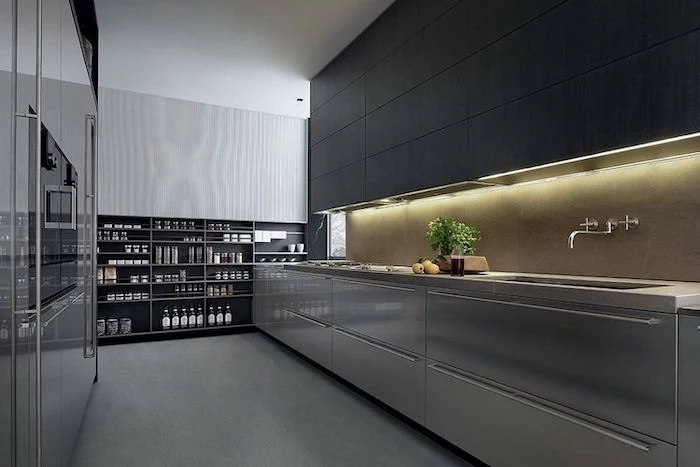 silver cabinets, dark wooden cabinets, open shelving, modern kitchen, dark grey floor, lights above the sink