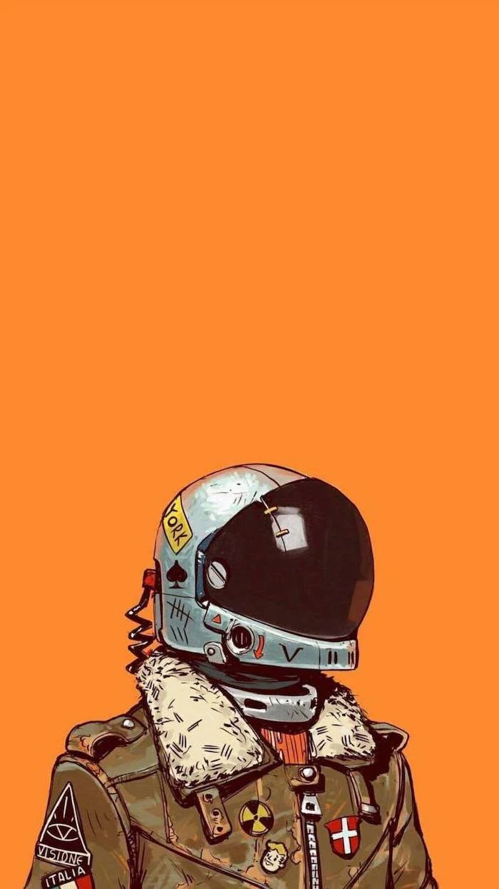 astronaut helmet pilot jacket with different pins cool backgrounds for boys drawing on orange background