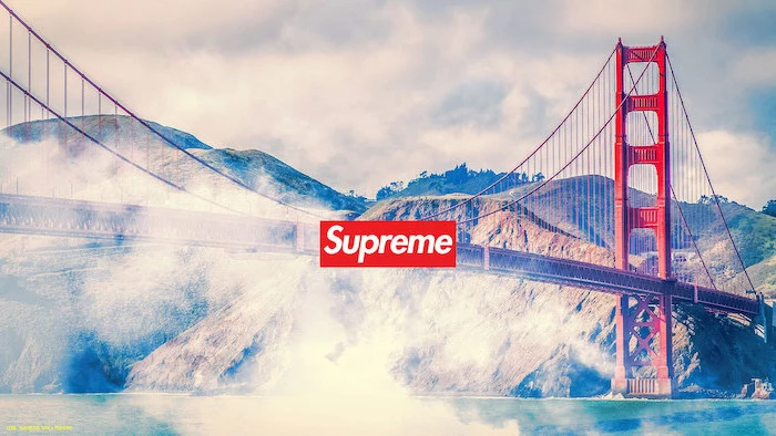 background with golden gate bridge san francisco android cool wallpapers supreme logo in red and white in the middle