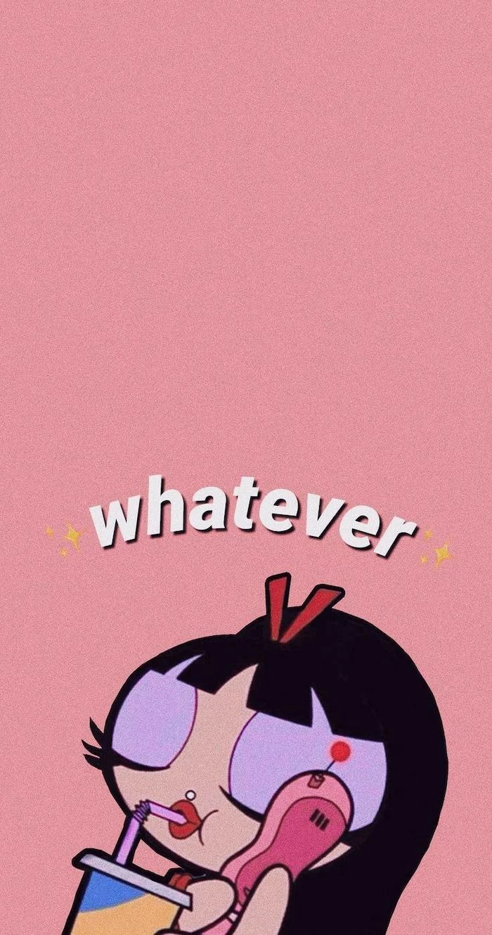 beautiful wallpaper for phone whatever written over drawing of girl talking on the phone drinking juice with straw pink background