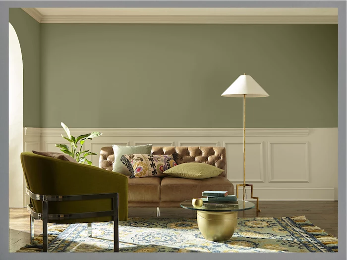 best living room paint colors green walls brown leather sofa green velvet armchair wooden floor