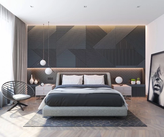 black accent wall behind the bed with grey bed frame bedroom ideas for women wooden floor with black carpet