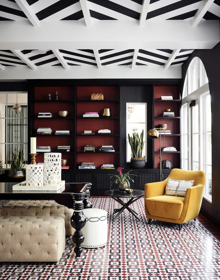black and red bookshelf and walls best living room paint colors yellow armchair black and white ceiling floor with black red white tiles