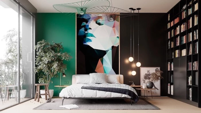 black and turquoise wall behind the bed large framed abstract art hanging on the wall wooden floor with grey carpet bedroom wall decor ideas