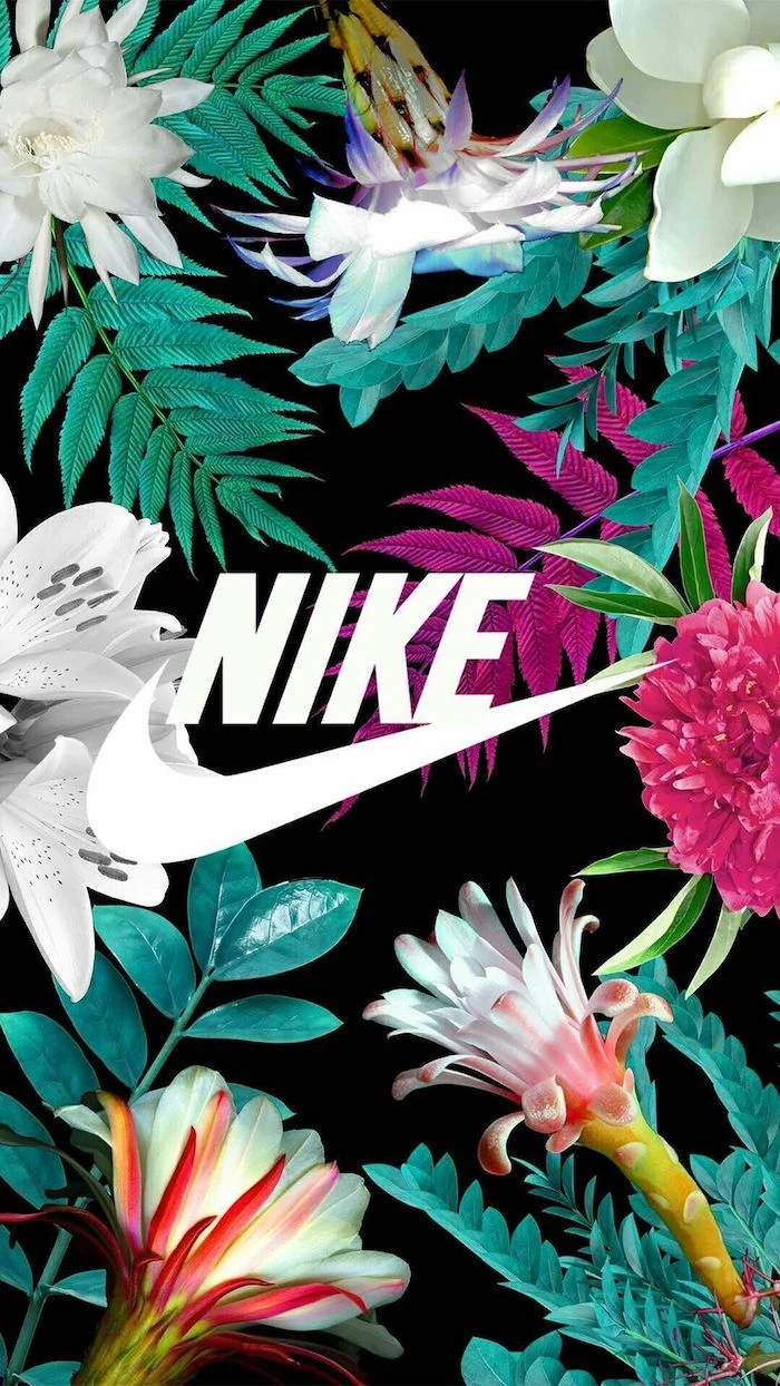 black background with colorful flowers in green purple orange pink white beautiful iphone wallpaper nike logo in the middle
