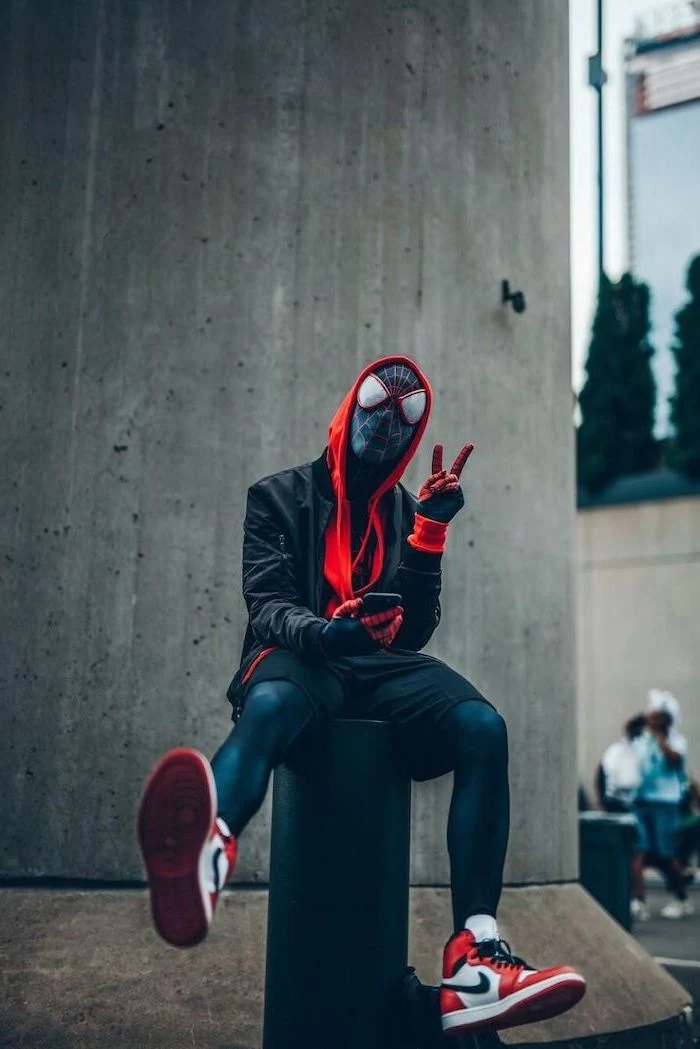 black bomber jacker red hoodie spider man costume nike air force 1 worn by man cool backgrounds for boys