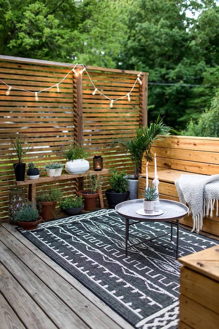 black carpet on wooden floor small backyard landscaping ideas wooden benches small metal coffee table lots of plants