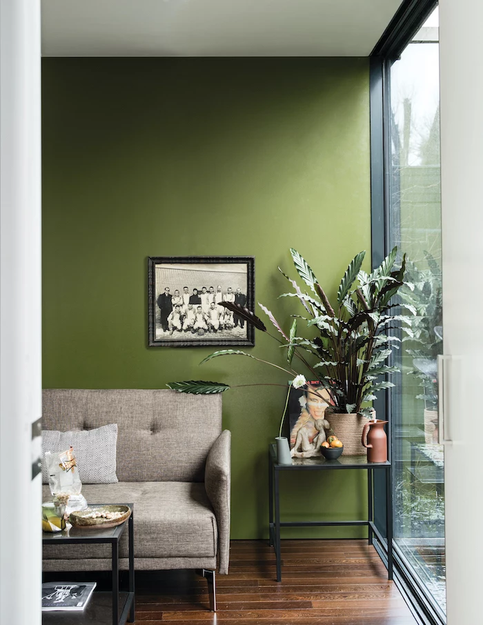 black metal coffee table and side table living room color schemes wall painted in green grey sofa wooden floor