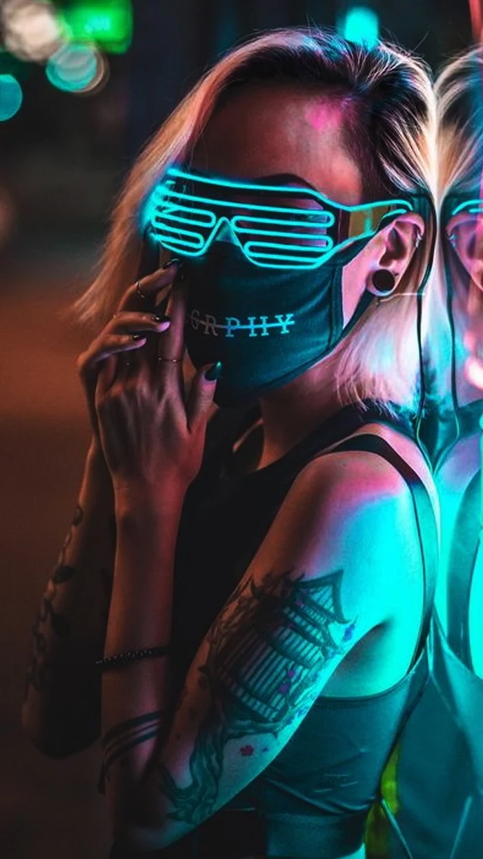 blonde woman with neon glasses black face mask arm tattoos black nail polish cute wallpapers for computer