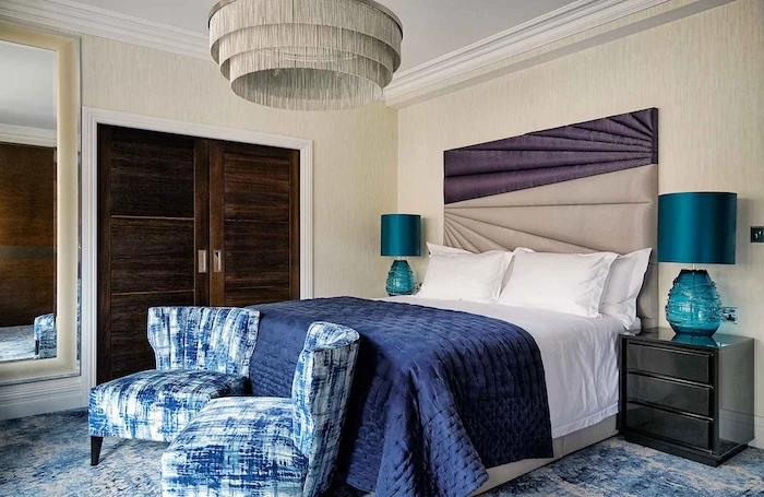 blue armchairs blanket modern bedroom ideas purple and beige leather backboard blue carpet