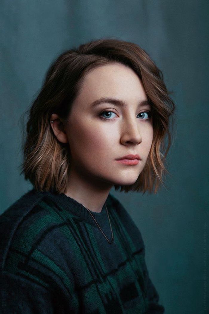 blue backdrop hairstyles for thin hair saoirse ronan wearing blue and green sweater with shoulder length brunette wavy hair