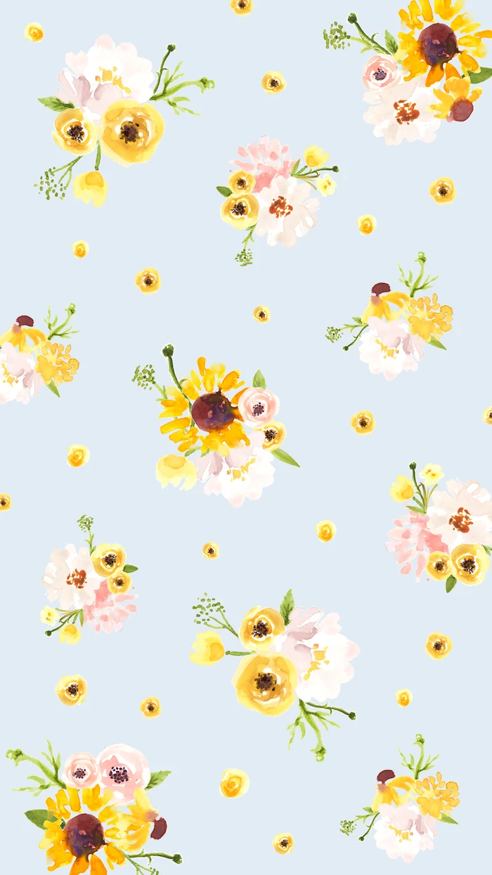 blue background cute flower wallpaper watercolor drawings of flower arrangements with white yellow flowers sunflowers