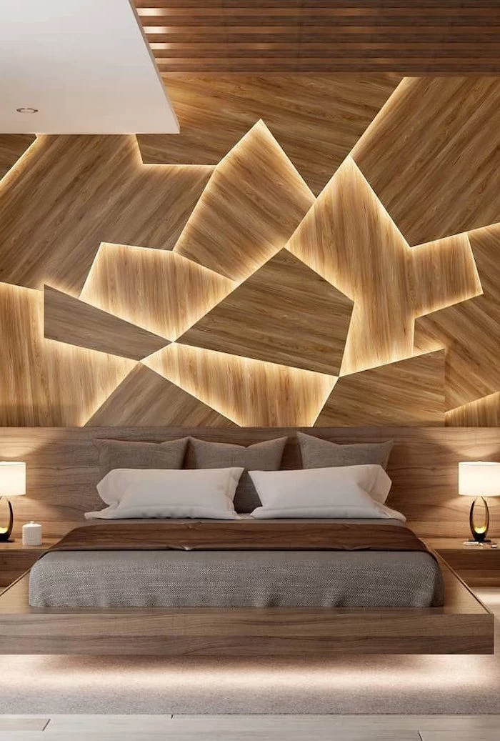 brown throw pillows on floating bed with wooden bed frame how to decorate a bedroom wooden accent wall with led lights
