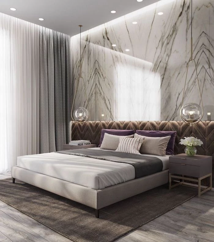 brown velvet marble wall above the bed master bedroom ideas hanging lamps above the night stands grey carpet on wooden floor