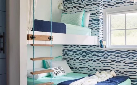 bunk beds with turquoise sheets pillows dark blue blankets ladder boys bedroom ideas blue waves on white walls