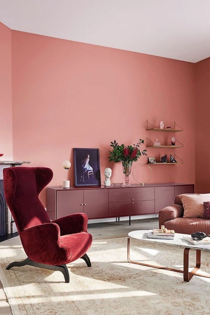 cabinet in dark pink on coral wall what color goes with gray red velvet armchair marble coffee table