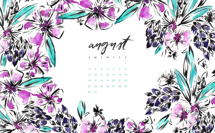 calendar for august surrounded by watercolor purple flowers with green leaves vintage flower background