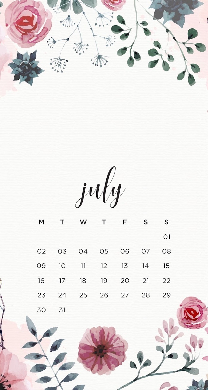 calendar for july cute flower wallpaper white background pink watercolor flowers drawn in both corners