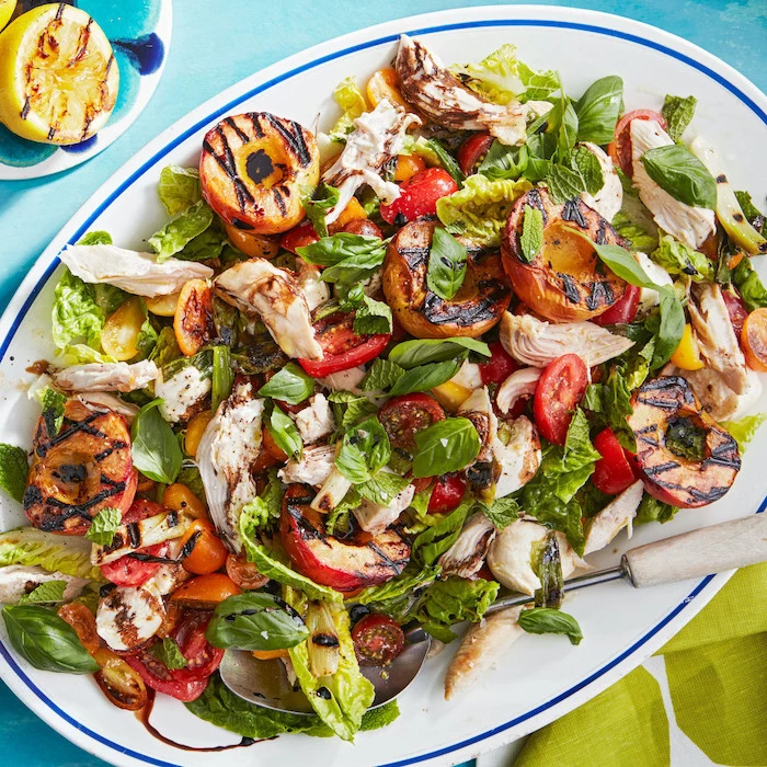 chicken stripes basil cherry tomatoes with green salad with roasted peaches summer salad recipes