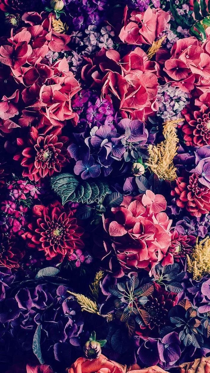 close up photo of different flowers in different shades floral iphone wallpaper pink purple orange
