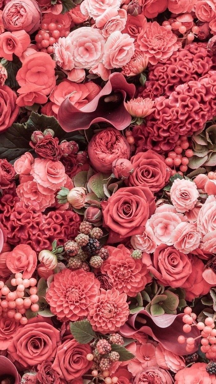 close up photo of flower arrangement in different shades of pink with roses peony flowers cute flower wallpapers