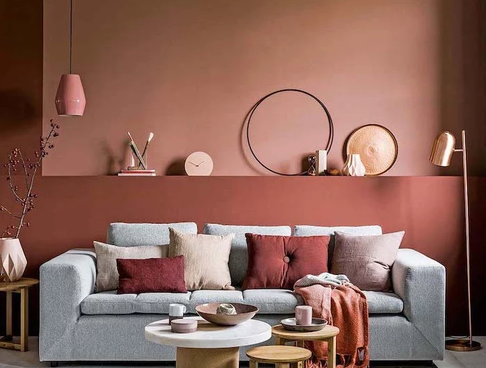coffee tables made of wood what color goes with gray light and dark coral walls light grey sofa with throw pillows in shades of pink