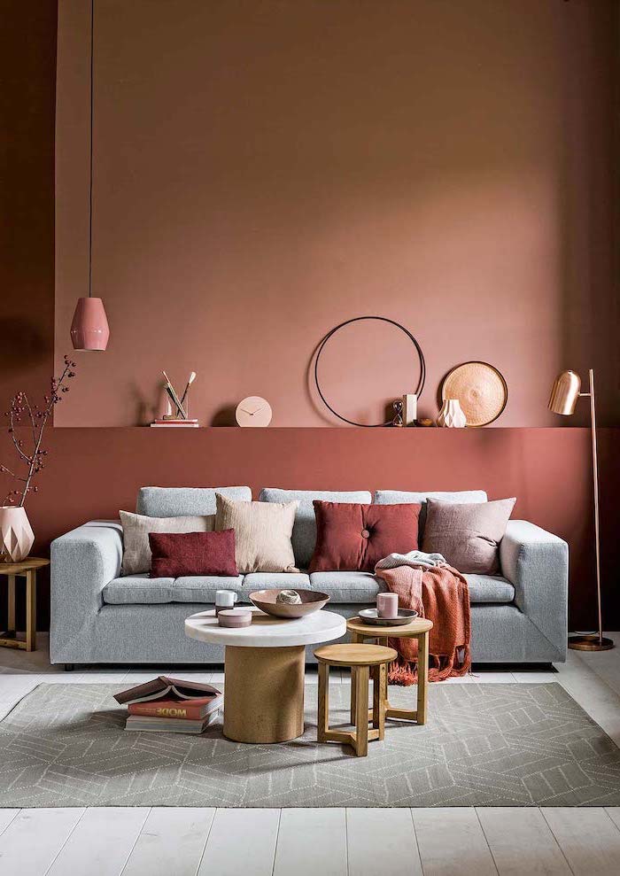 coffee tables made of wood what color goes with gray light and dark coral walls light grey sofa with throw pillows in shades of pink