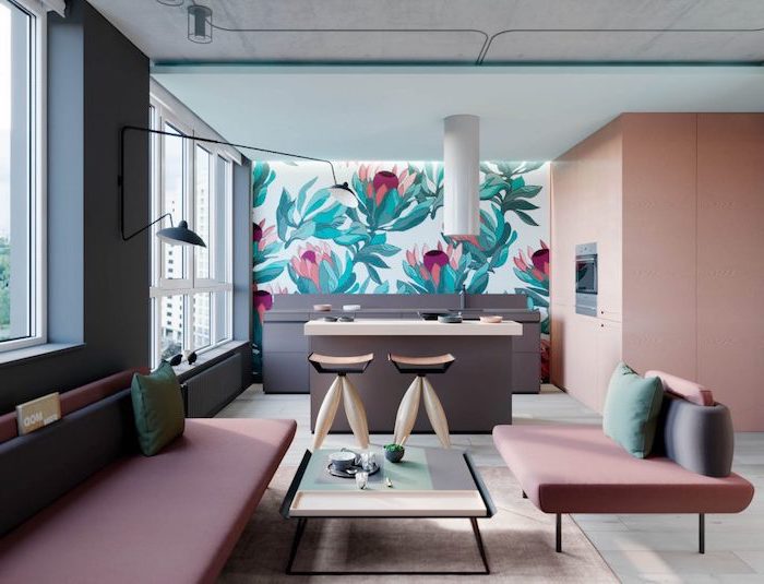 colorful wall behind kitchen island orange wall on the side blue ceiling what color goes with gray pink sofas around wooden coffee tables