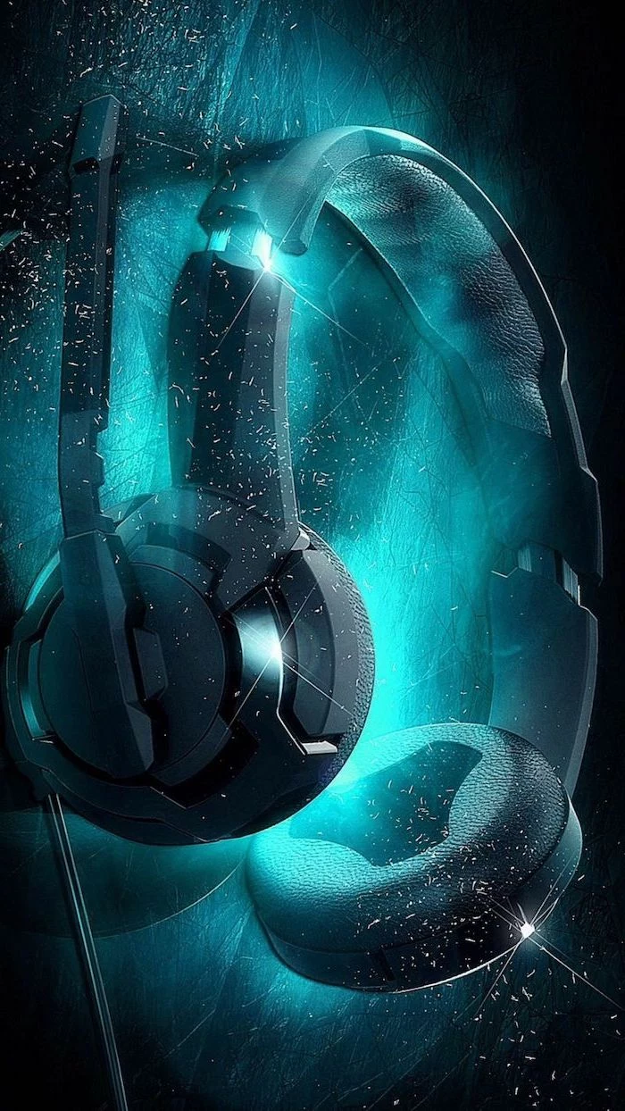 cool background hd digital drawing of black headset with black and turquoise background