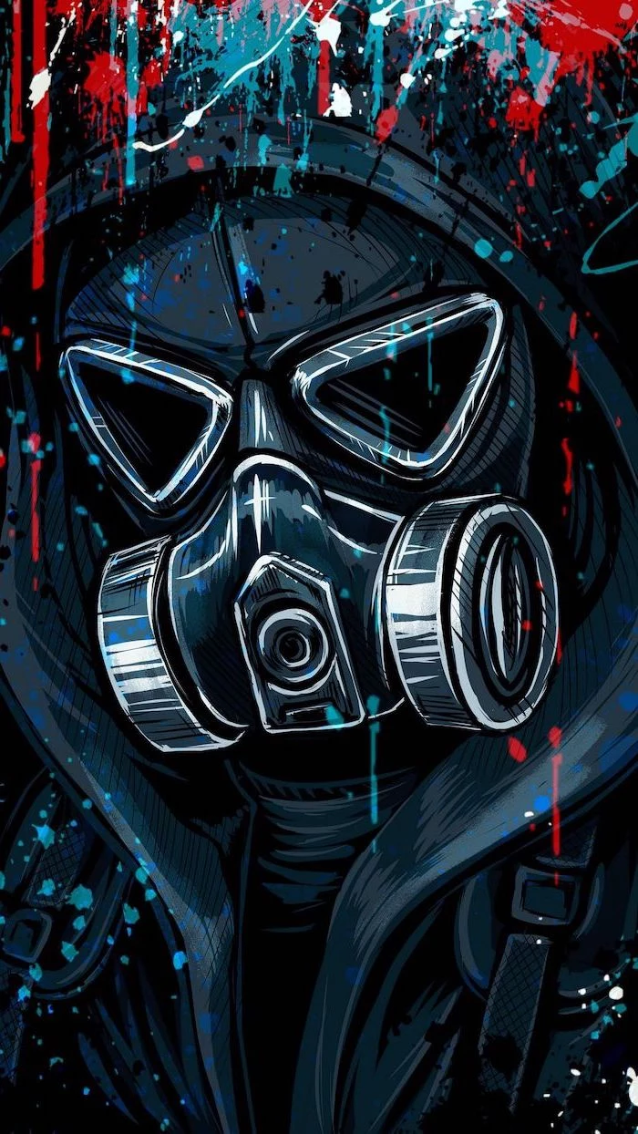 cool backgrounds for boys black hoodie and gas mask drawing background with red white blue paint brush drops