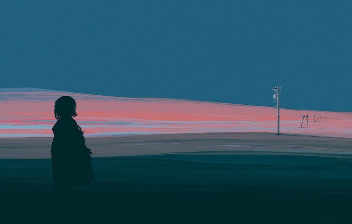 cute aesthetic wallpapers drawing of girl standing in the middle of field next to road at sunset