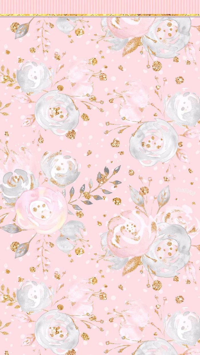 cute flower wallpapers drawing of white pink roses on pink background with gold leaves