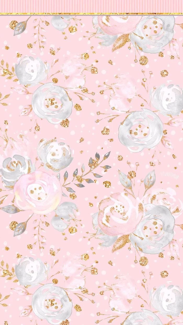 cute flower wallpapers drawing of white pink roses on pink background with gold leaves