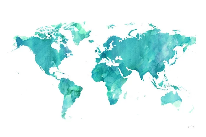 cute iphone wallpaper map of the world drawn in watercolor in turquoise and green on white background