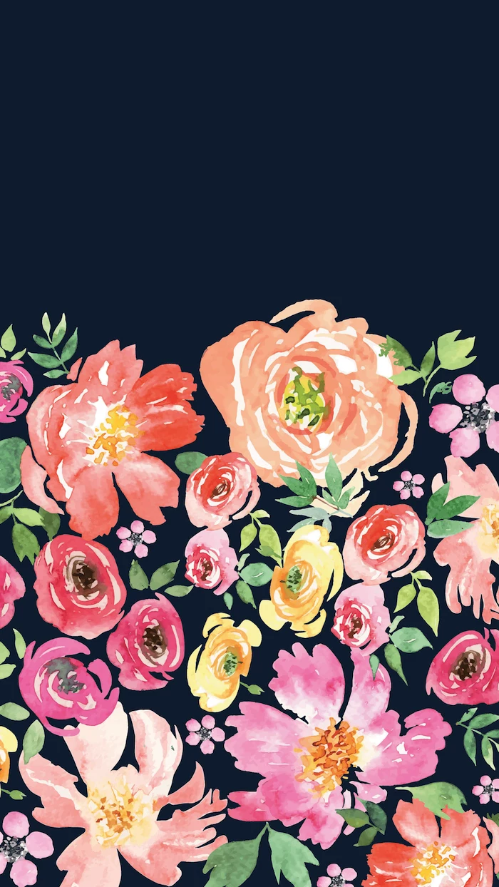dark blue background pink flower background watercolor drawing of orange pink yellow flowers with green leaves