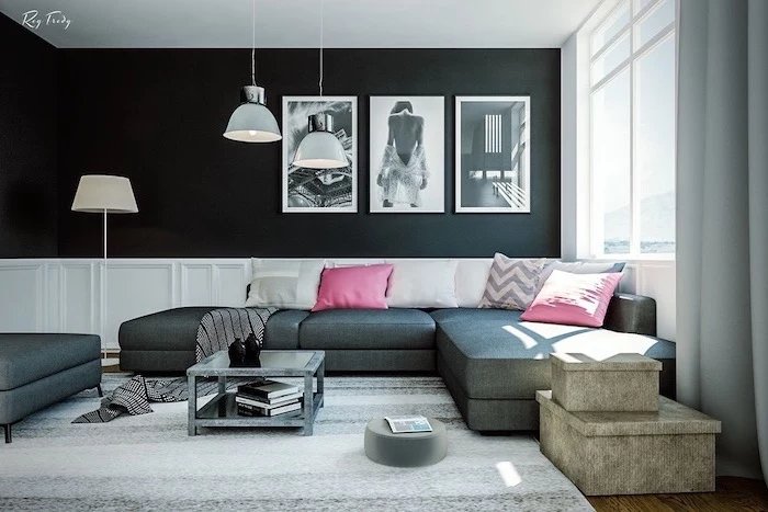 dark grey corner sofa with white and pink throw pillows living room paint colors black and white wall with black and white photo art white grey carpet on wooden floor