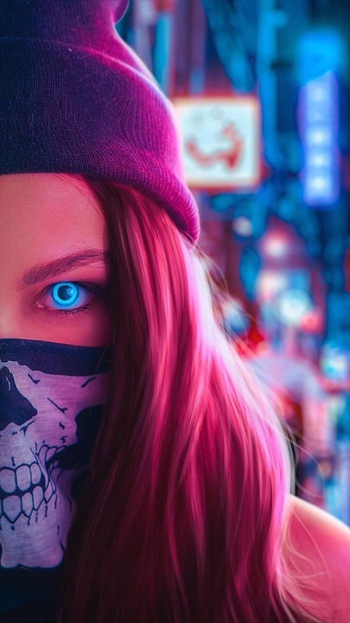 digital drawing of girl with neon blue eyes trendy backgrounds wearing face mask with skeleton beanie