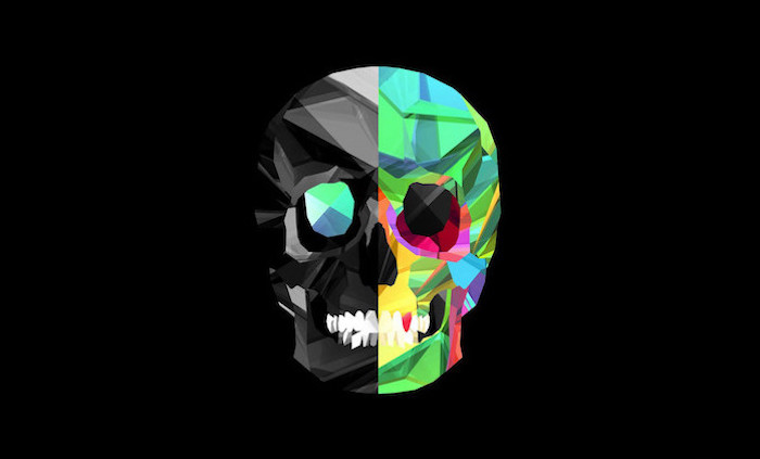 digital drawing of skull cool wallpaper hd half black half colorful on black background