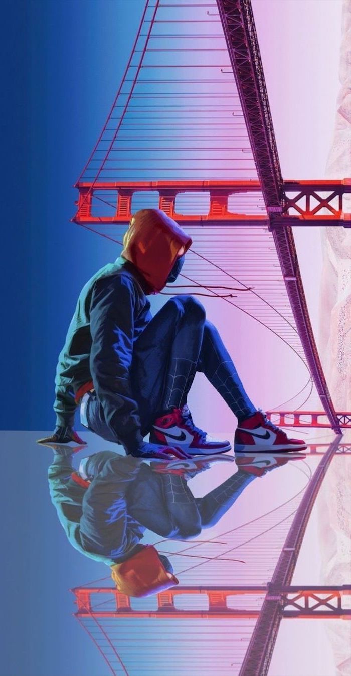 digital drawing of spider man wearing nike air force 1 golden gate bridge in the background backgrounds for boys