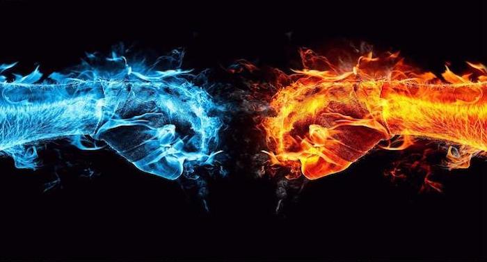 digital drawing of two fists bumping into each other created as fire and water android cool wallpapers black background