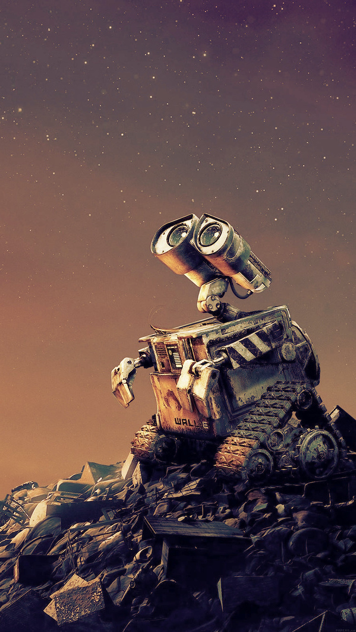 digital drawing of wall e disney character cool background hd standing on top of pile of metal trash looking at galaxy sky