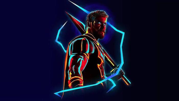 digital neon drawing of chris hemsworth as thor god of thunder android cool wallpapers dark blue background