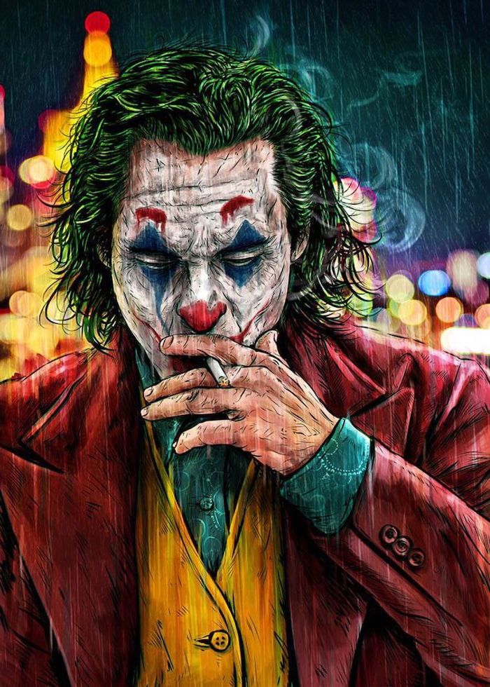 drawing of joaquin phoenix as the joker smoking a cigarette wallpapers for guys with green hair red blazer
