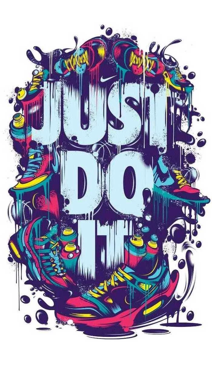 drawing of just do it written in the middle with nike logo backgrounds for boys surrounded by sneakers