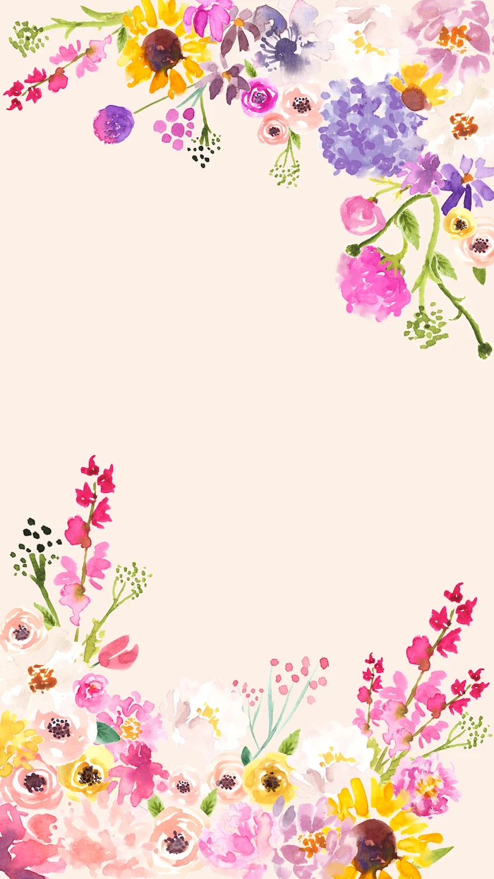 drawings of different flowers in the corners cute flower wallpaper flowers in purple pink yellow orange green watercolor