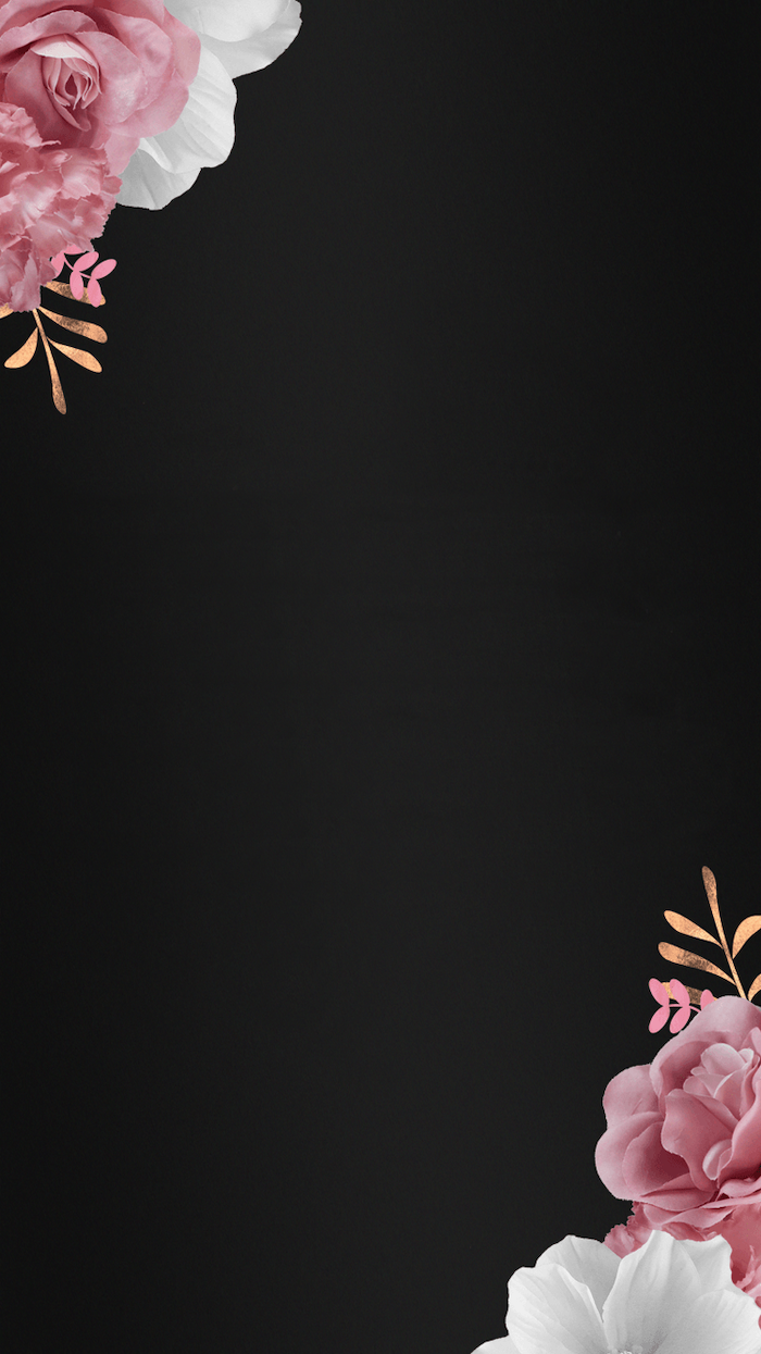 floral iphone wallpaper pink and white roses in two corners of the screen black background