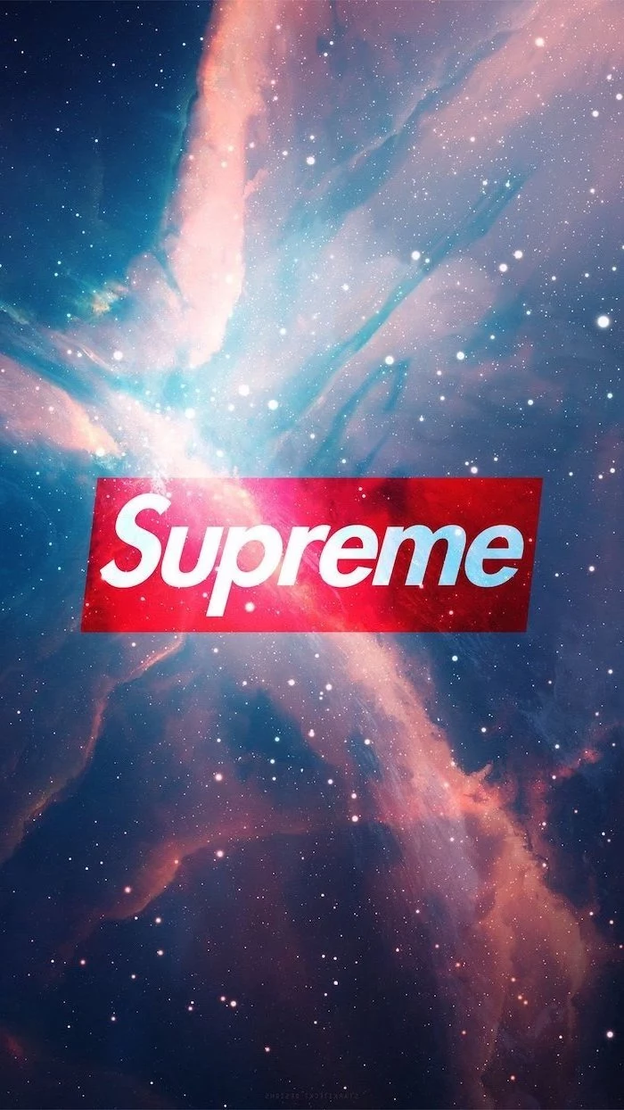 galaxy sky in the background trendy backgrounds supreme red and white logo in the middle