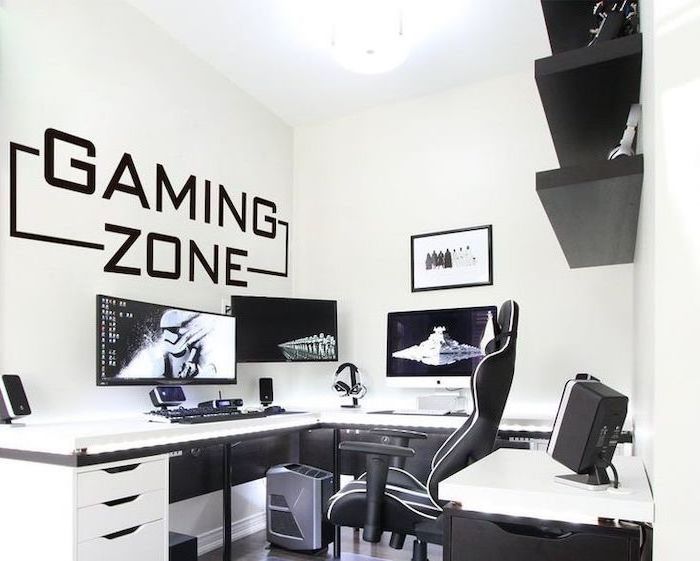 gaming zone white walls and desk black bookshelves teen boy room ideas gamin setup with three computers black leather gaming chair
