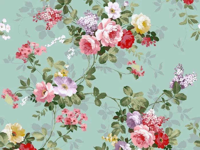 green background pretty flower backgrounds vintage wallpaper with drawing of pink purple red yellow flowers with green leaves