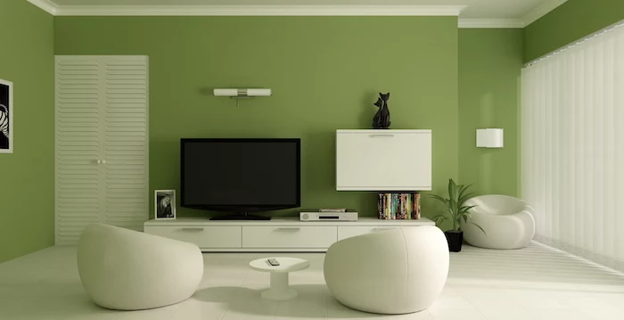 green walls white floor living room paint colors white armchairs tv cabinets white blinds on tall windows